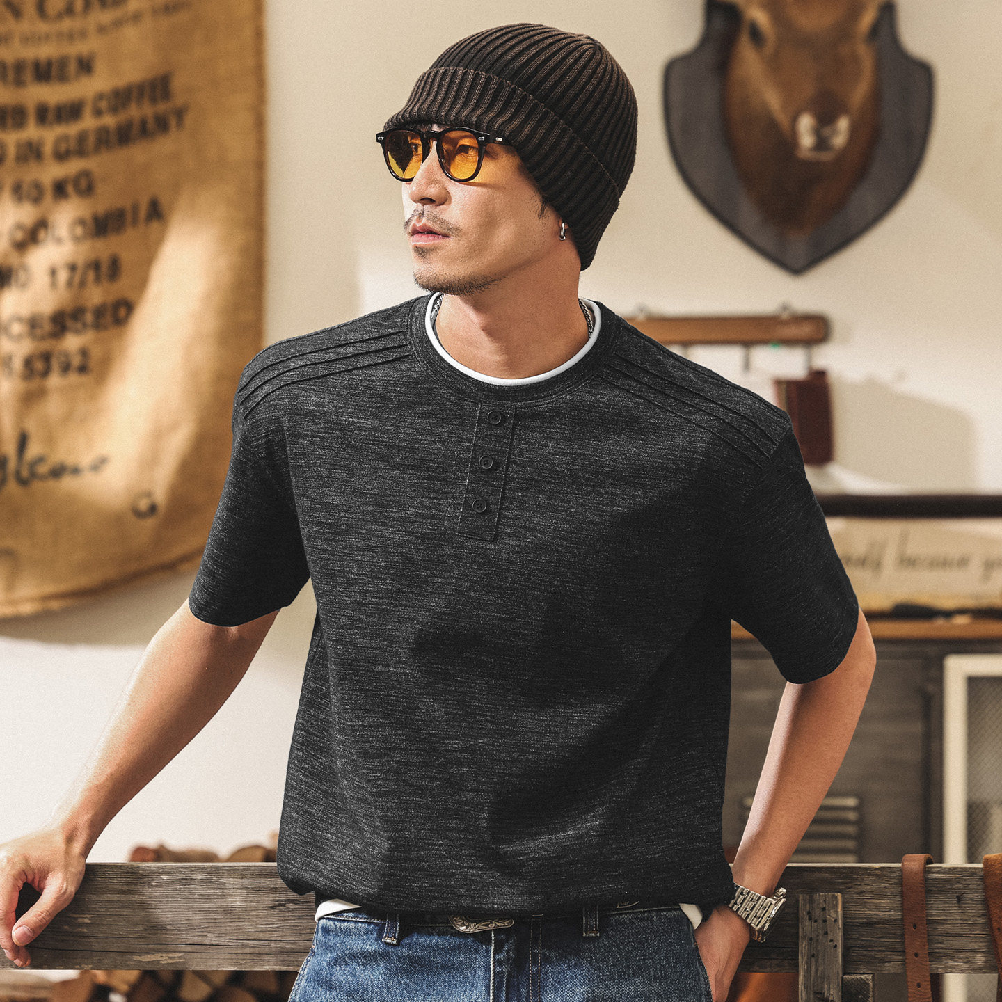 美式復古亨利領Polo衫短袖男款夏季潮牌休閒假兩件T恤男寬鬆上衣