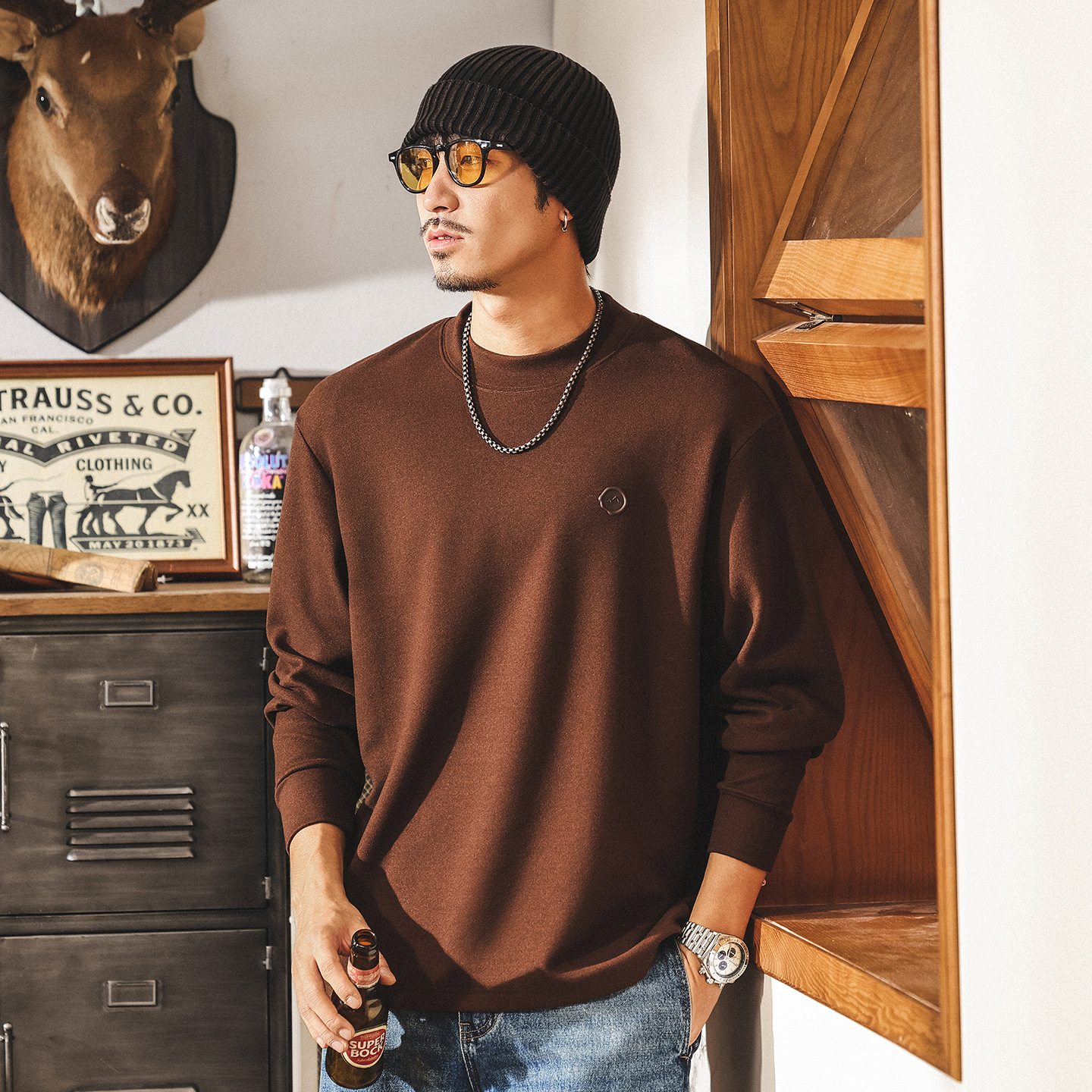 美式復古280g重磅t恤男長袖秋季新款寬鬆潮牌親膚保暖絨感打底衫