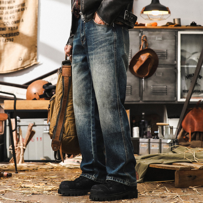 美式經典復古牛仔褲男寬鬆直筒2024新款褲子男秋季漸變水洗休閒褲