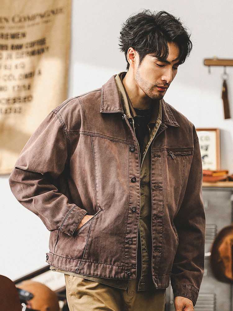 美式重磅複古牛仔外套男秋季潮牌機車阿美咔叽古著休閑工裝夾克男