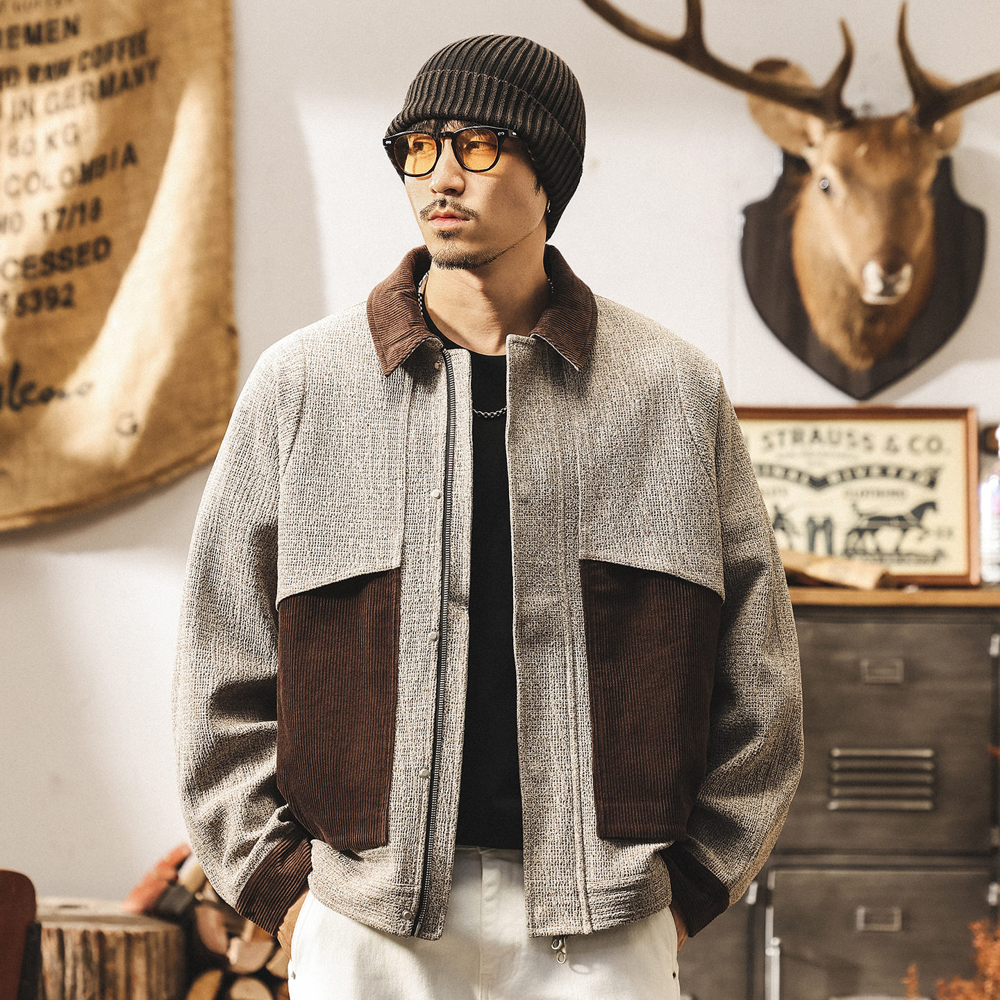 美式復古仿羊毛花紗外套男秋冬款高端潮牌拼接撞色巴恩風工裝夾克