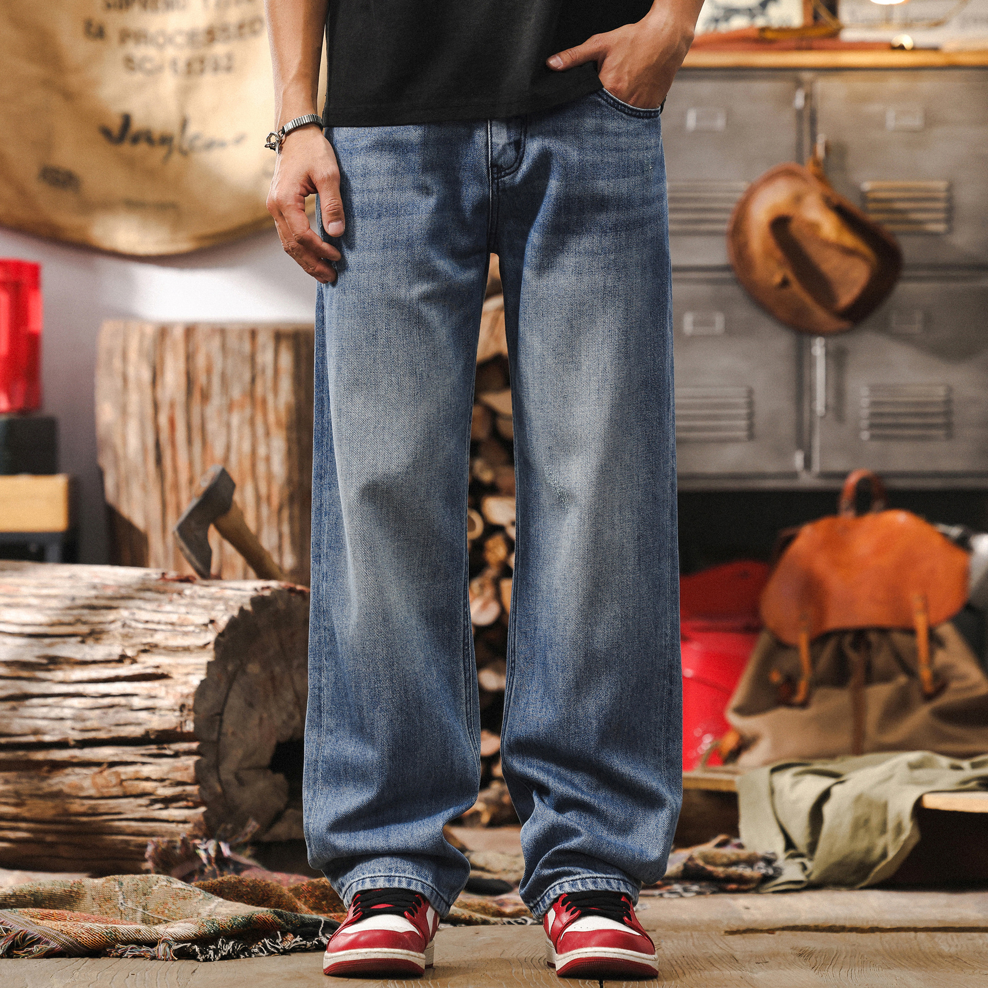 美式復古經典藍色水洗牛仔褲男春季2025新款潮牌寬鬆直筒休閒褲男