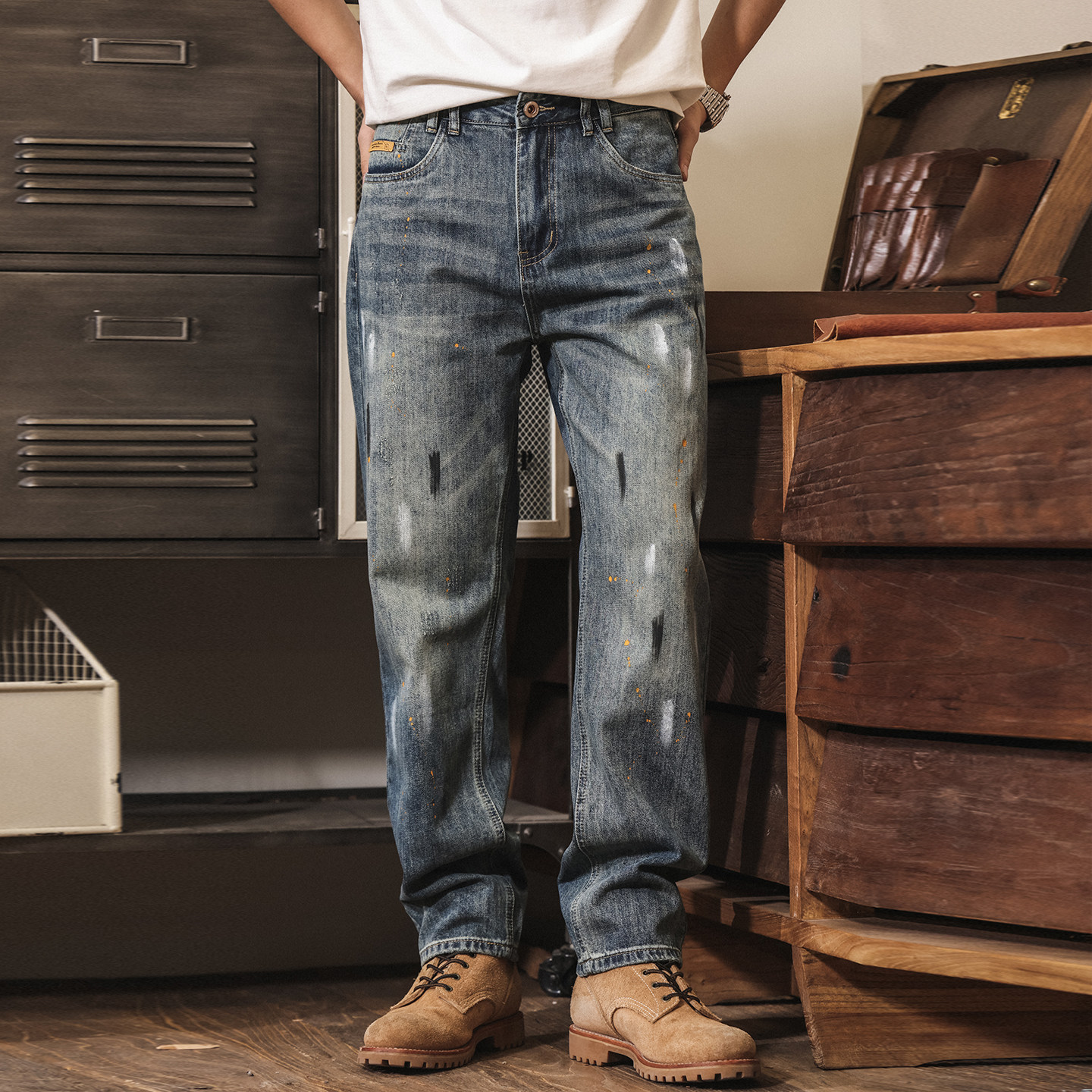 美式復古高街水洗潑墨牛仔褲男士春季潮牌新款寬鬆直筒休閒長褲子