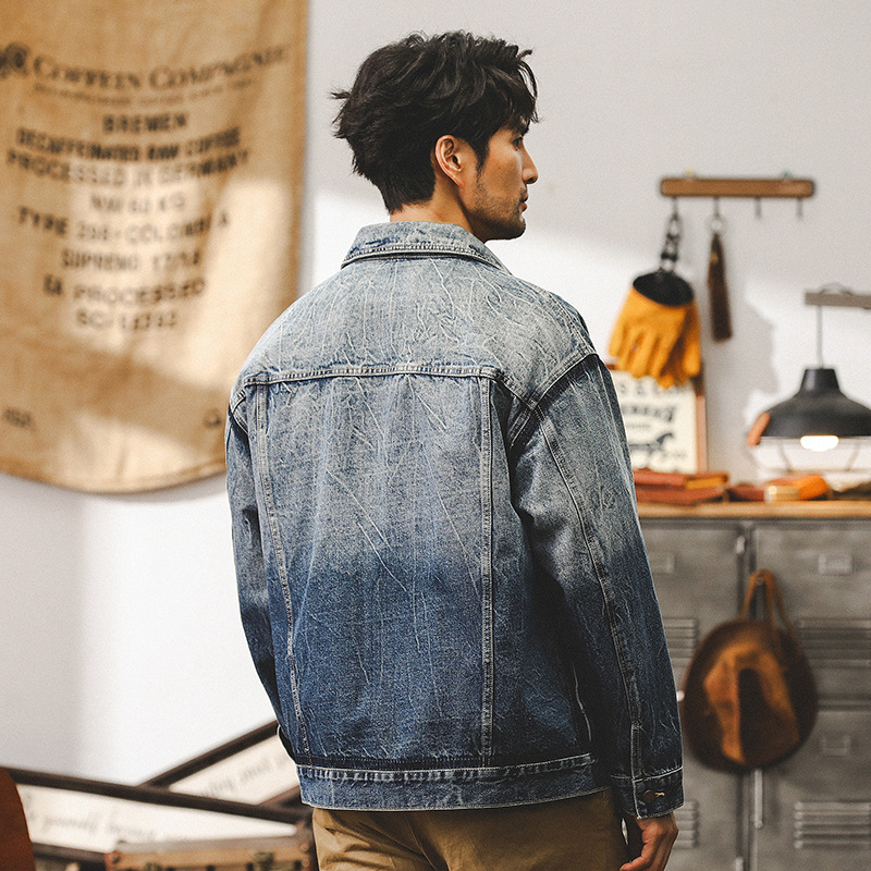 美式重磅漸變牛仔外套男春秋款潮流複古紮花寬松休閑男士工裝夾克