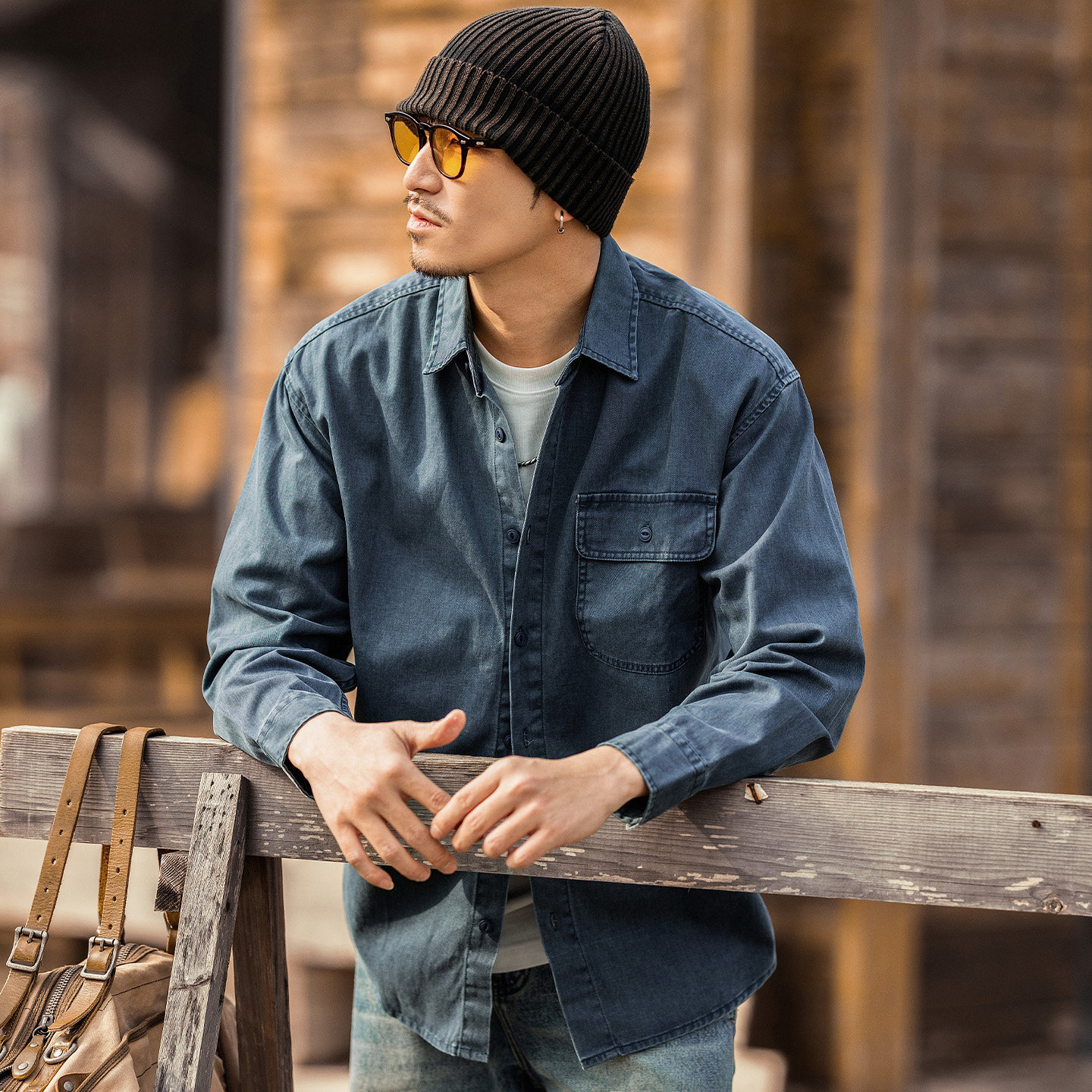 美式復古酵素水洗牛仔襯衫男春季潮牌長袖工裝襯衣寬鬆休閒外套男