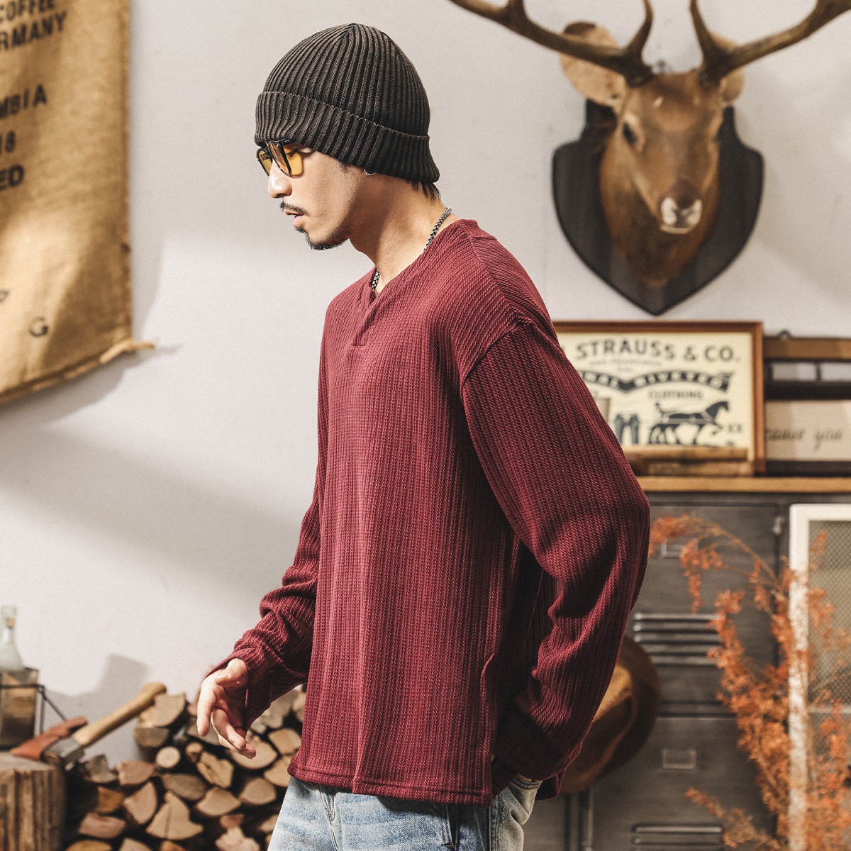 美式復古330g重磅針織長袖t恤男冬季新款潮流高級感提花男士衛衣