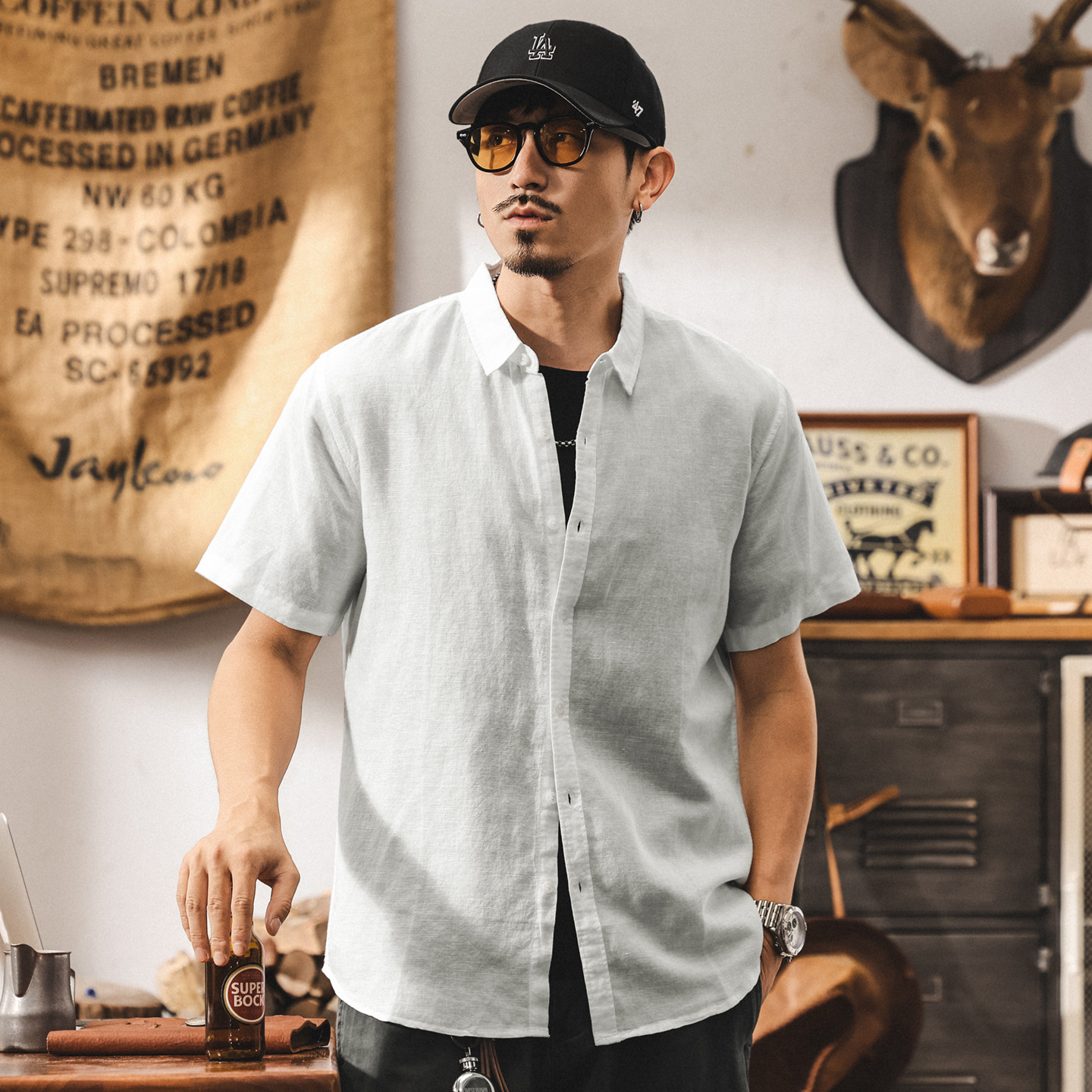 高級感中式國風亞麻短袖襯衫男夏季新款2025寬鬆休閒半袖薄款襯衣