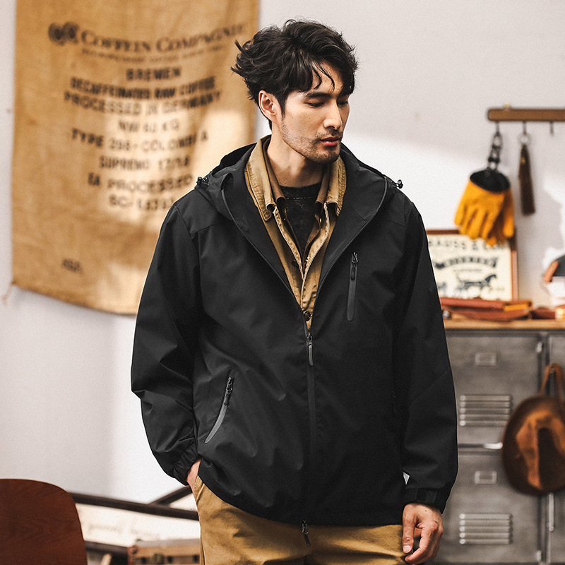 美式城市戶外通勤黑色夾克外套男春秋款三防山系徒步防水衝鋒衣男