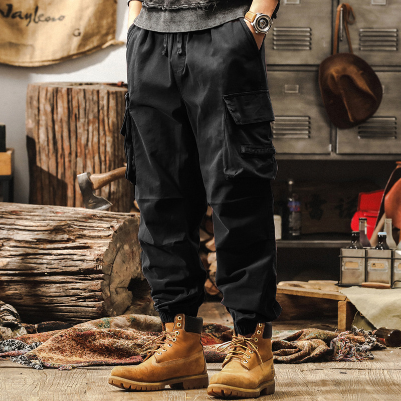 美式復古卡其色工裝褲子男秋季重磅寬鬆休閒褲硬漢獵裝機能束腳褲
