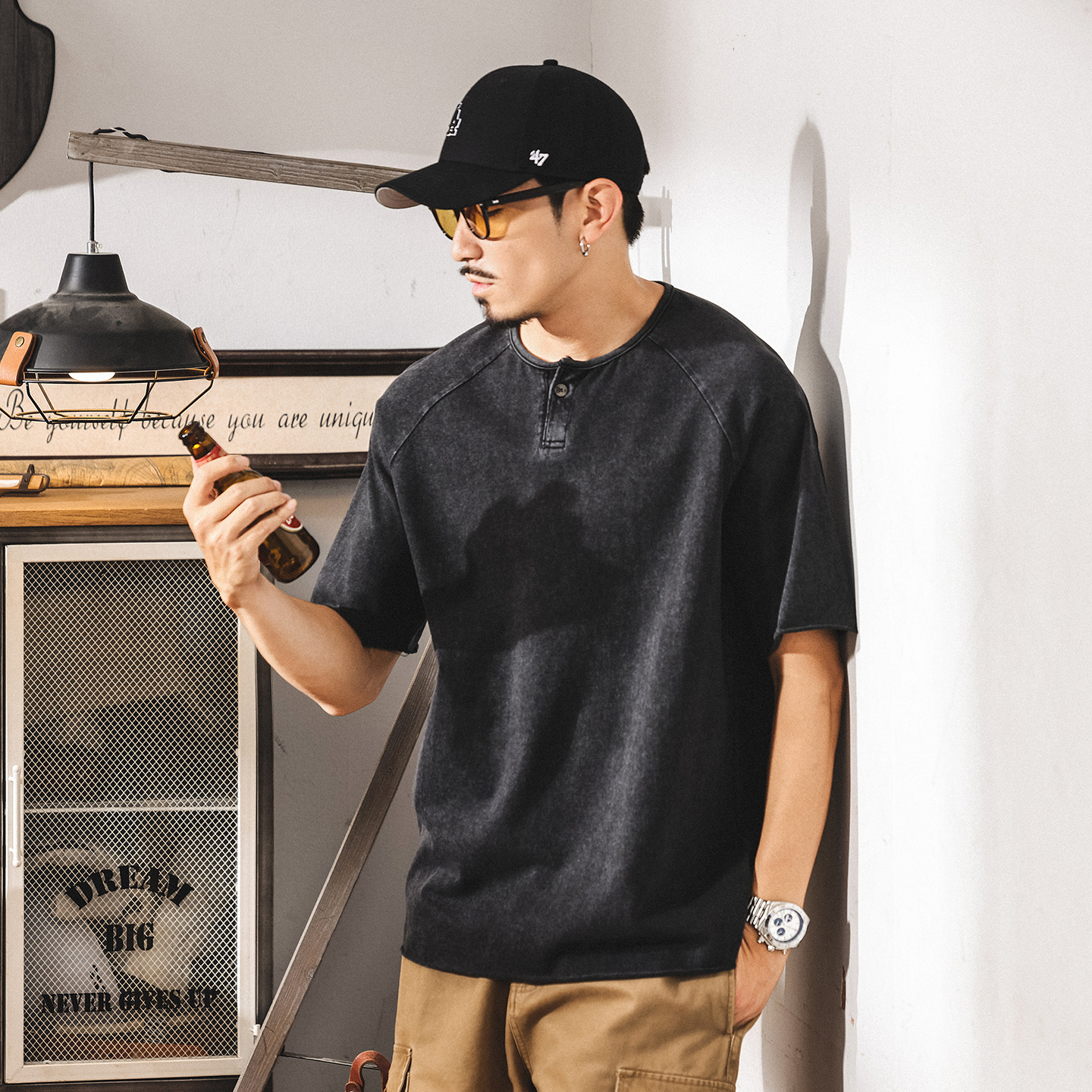 美式復古亨利領POLO衫男短袖2025夏季新款硬漢痞帥雪花水洗T恤男