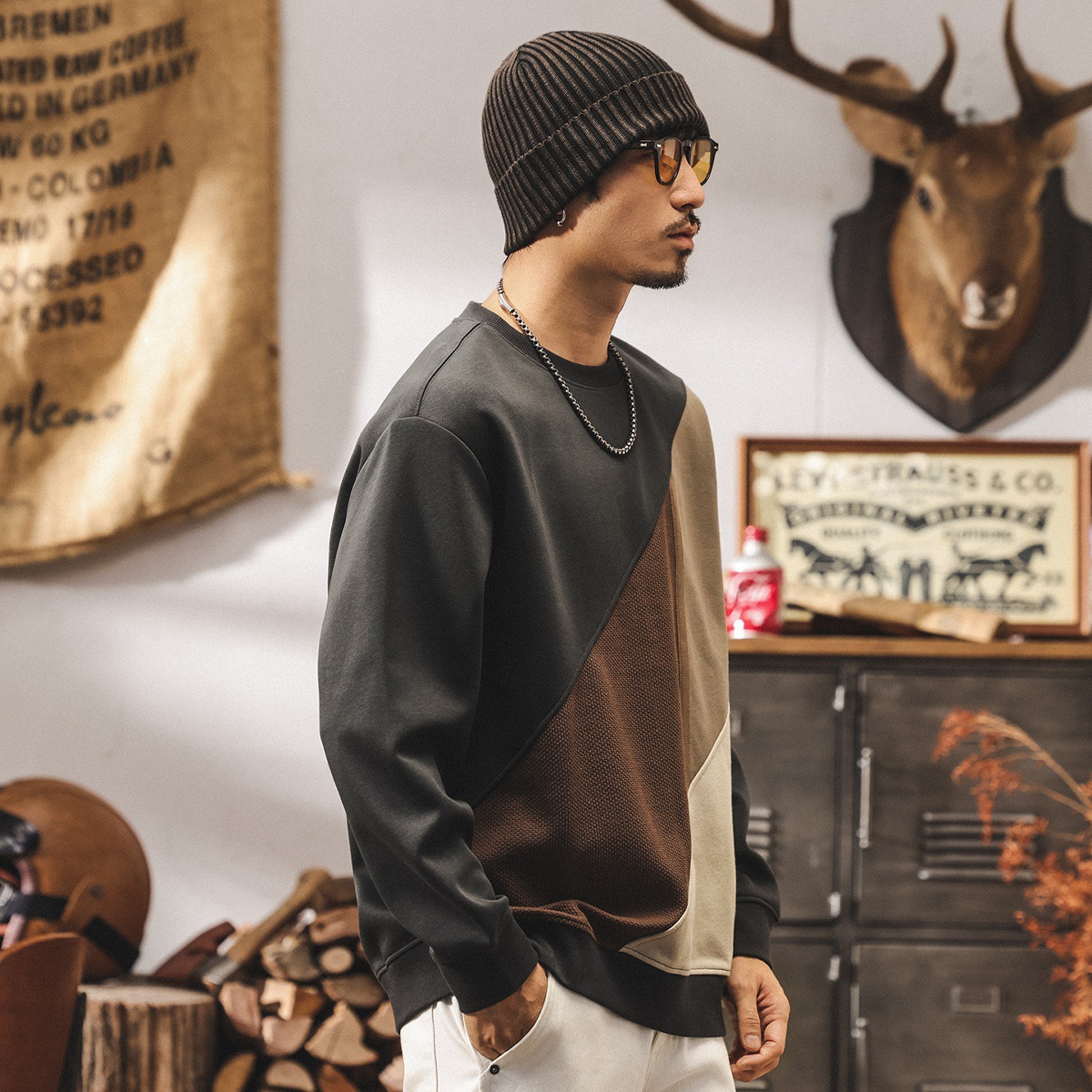 美式復古350g重磅衛衣男款春秋潮牌拼色寬鬆休閒新款男士秋季上衣