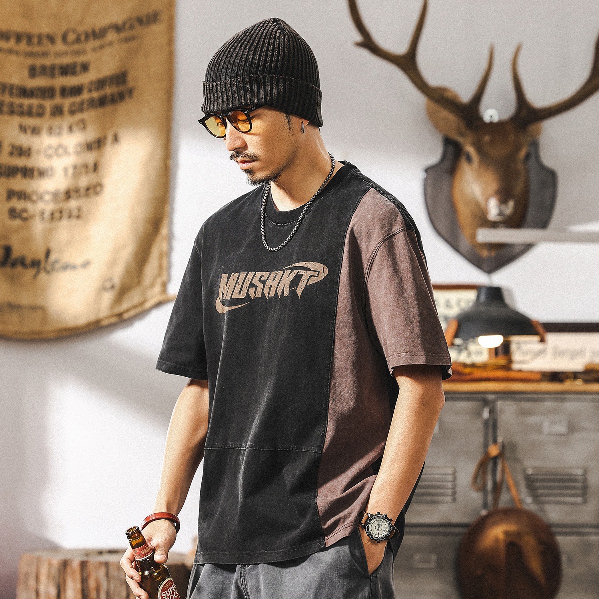 美式復古水洗做舊重磅T恤男短袖2025新款夏季寬鬆撞色半袖上衣男T