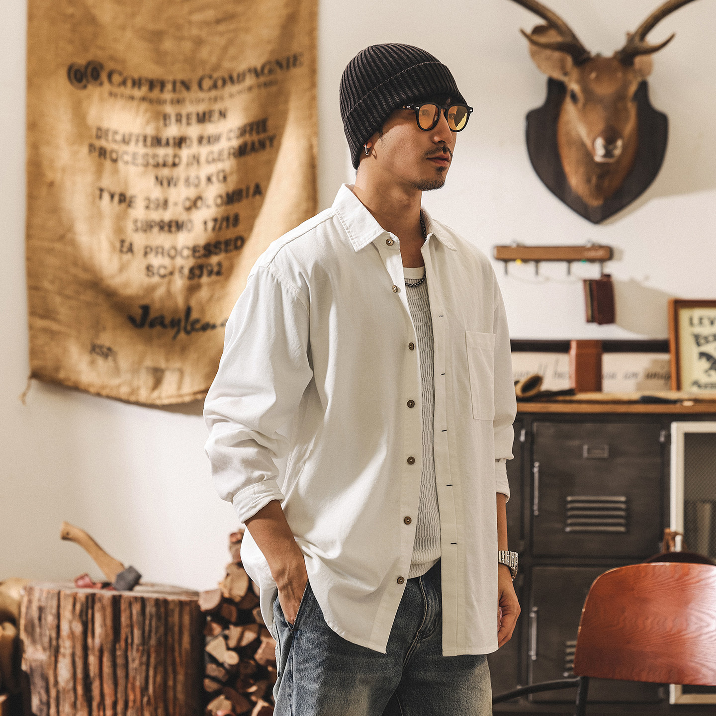 美式復古老錢風萊賽爾襯衫外套男春季薄款寬鬆休閒工裝長袖襯衣男