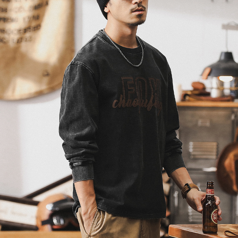 美式重磅複古長袖T恤男秋季炒砂水洗上衣潮2024新款寬松男裝