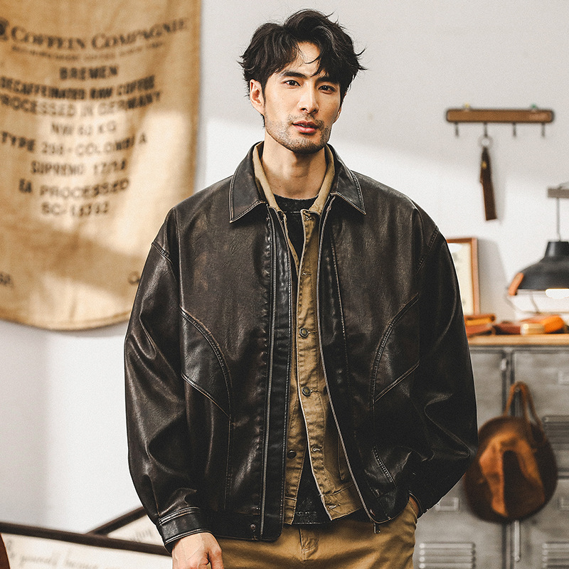 美式復古廢土風軟皮衣外套男秋季潮牌寬鬆痞帥硬漢機車工裝夾克男