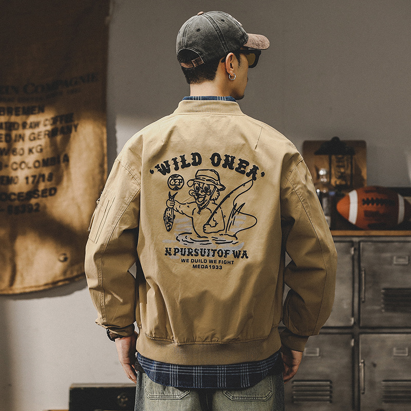 美式復古工裝夾克男潮牌寬鬆大碼棒球服飛行員外套男秋冬款