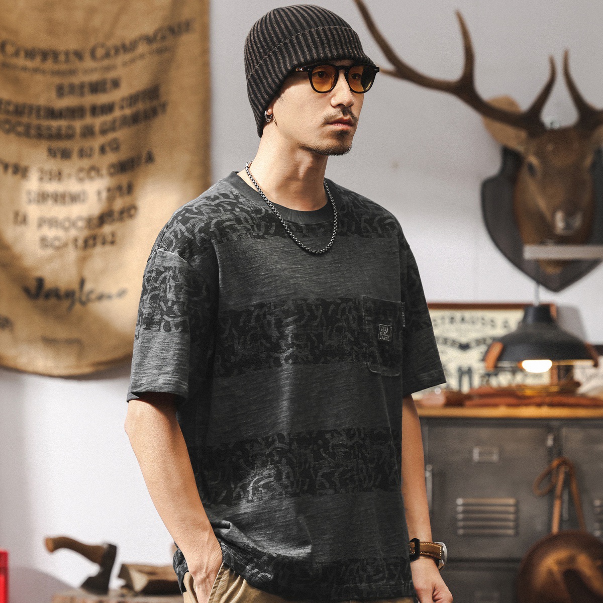 高級感竹節棉T恤男夏季2025新款潮流紋理條紋印花短袖男寬鬆上衣T