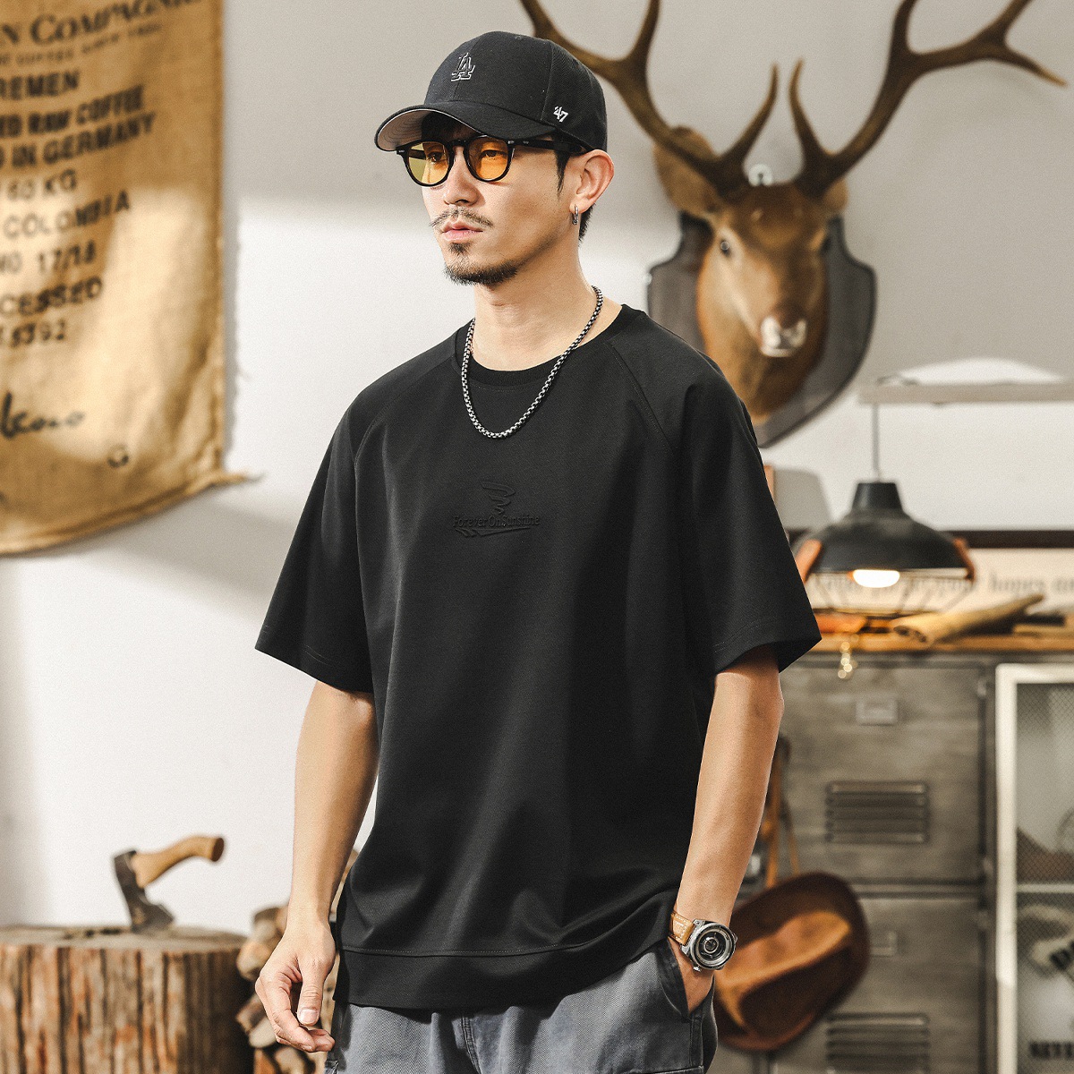 萊賽爾軟糯高級感短袖男款夏季男士T恤2025新款美式復古寬鬆上衣