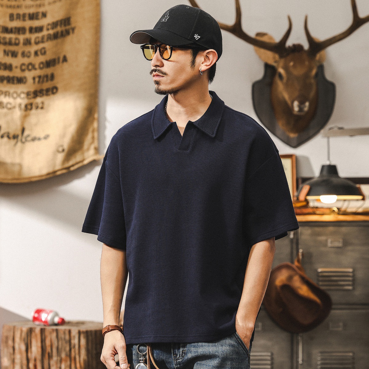 美式經典復古海鷗領Polo衫男夏季潮牌寬鬆基礎高級感男士短袖T恤