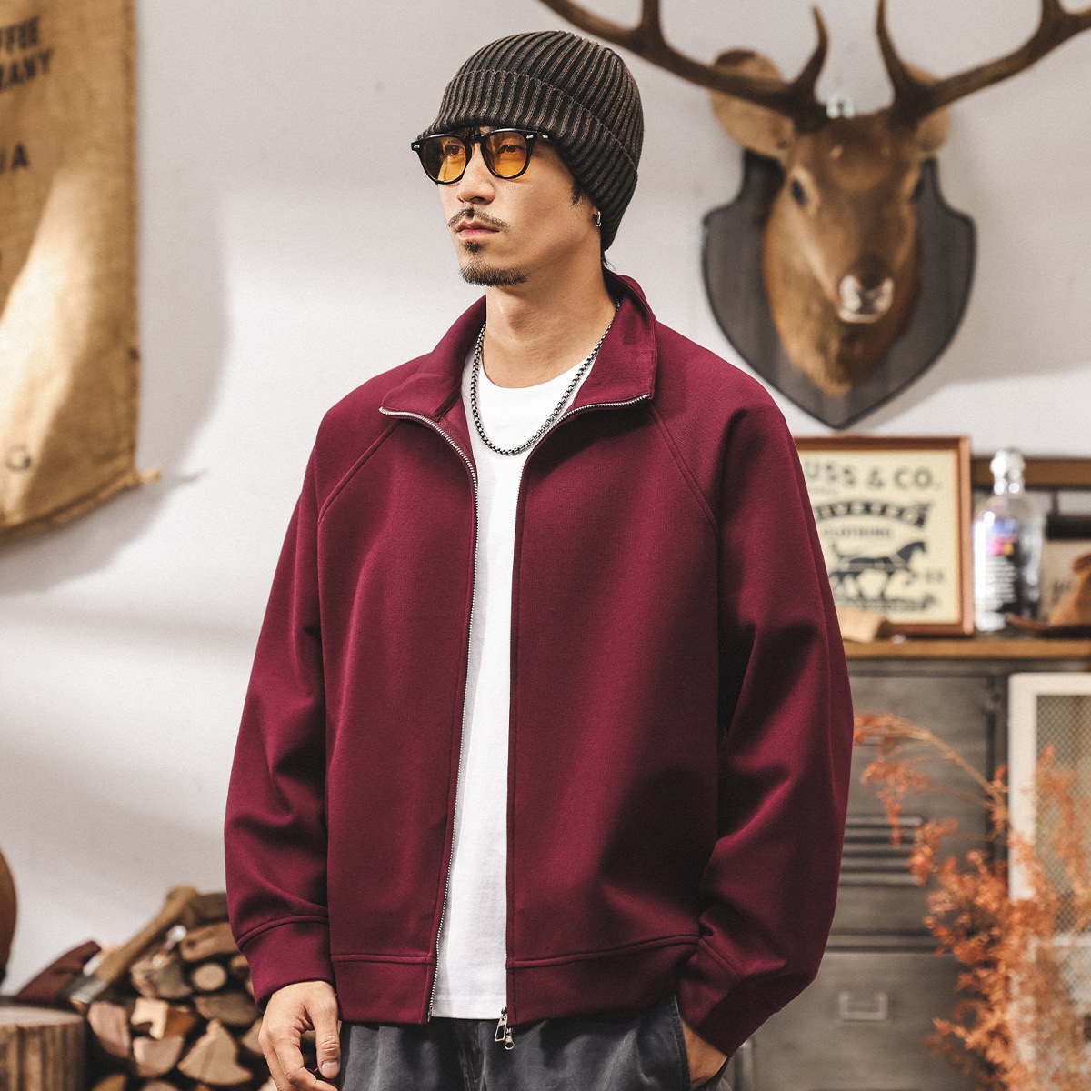 美式復古雙拉鍊開衫外套男春秋新款潮牌寬鬆大碼重磅紅色男士衛衣