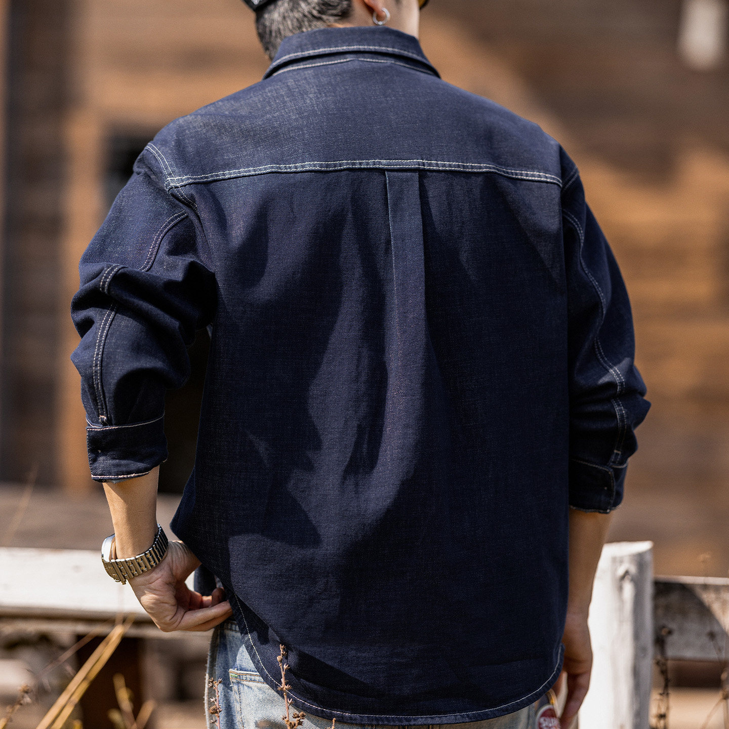 萊賽爾亞麻牛仔襯衫男長袖春季美式潮牌丹寧水洗寬鬆襯衣工裝外套