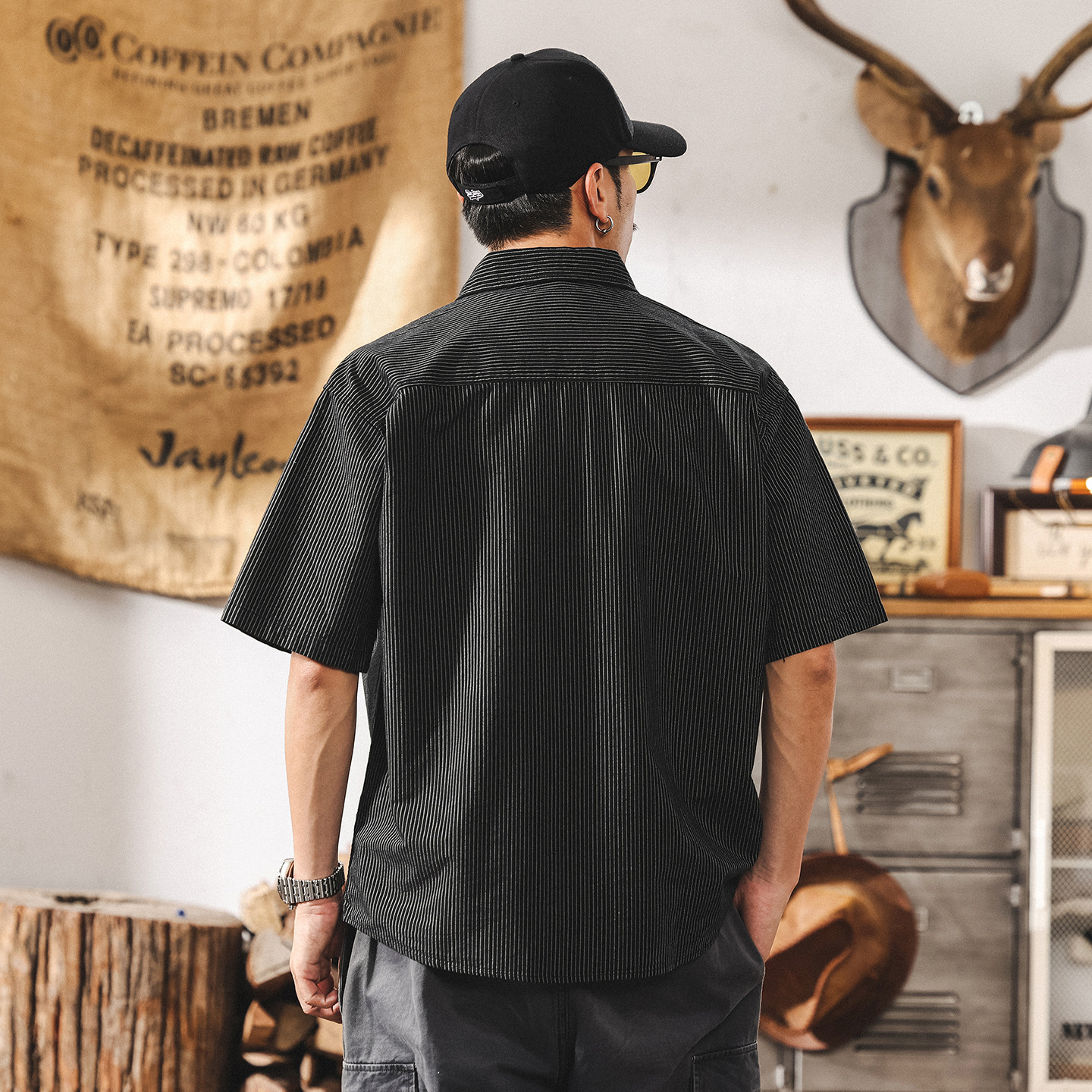 美式復古工裝襯衫男士短袖2025夏季新款寬鬆大碼休閒條紋襯衣外套