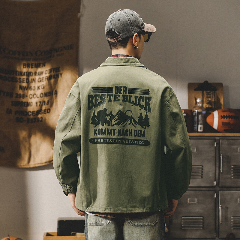 杰雷諾美式潮牌山系印花飛行員夾克男秋冬款休閒翻領教練服外套男