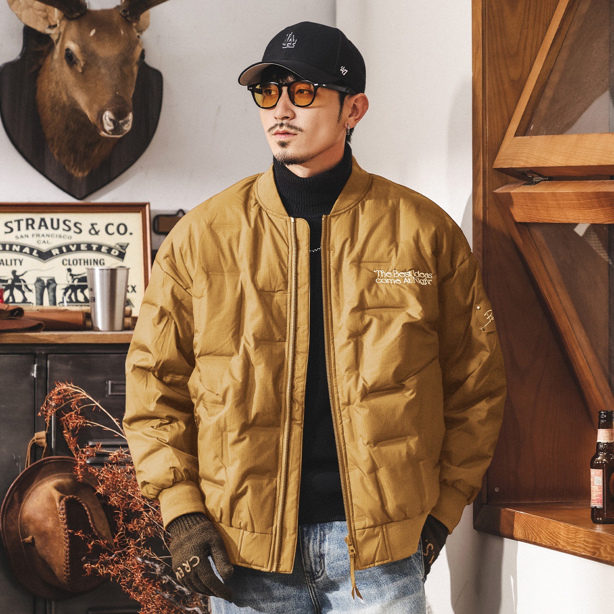 美式復古90鴨絨輕薄羽絨服男冬季保暖飛行夾克大碼壓花羽絨外套男