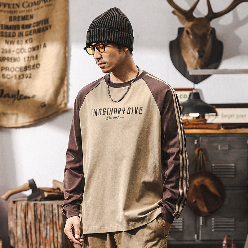 美式復古春季插肩袖拼色男士T恤男長袖2025新款寬鬆休閒上衣