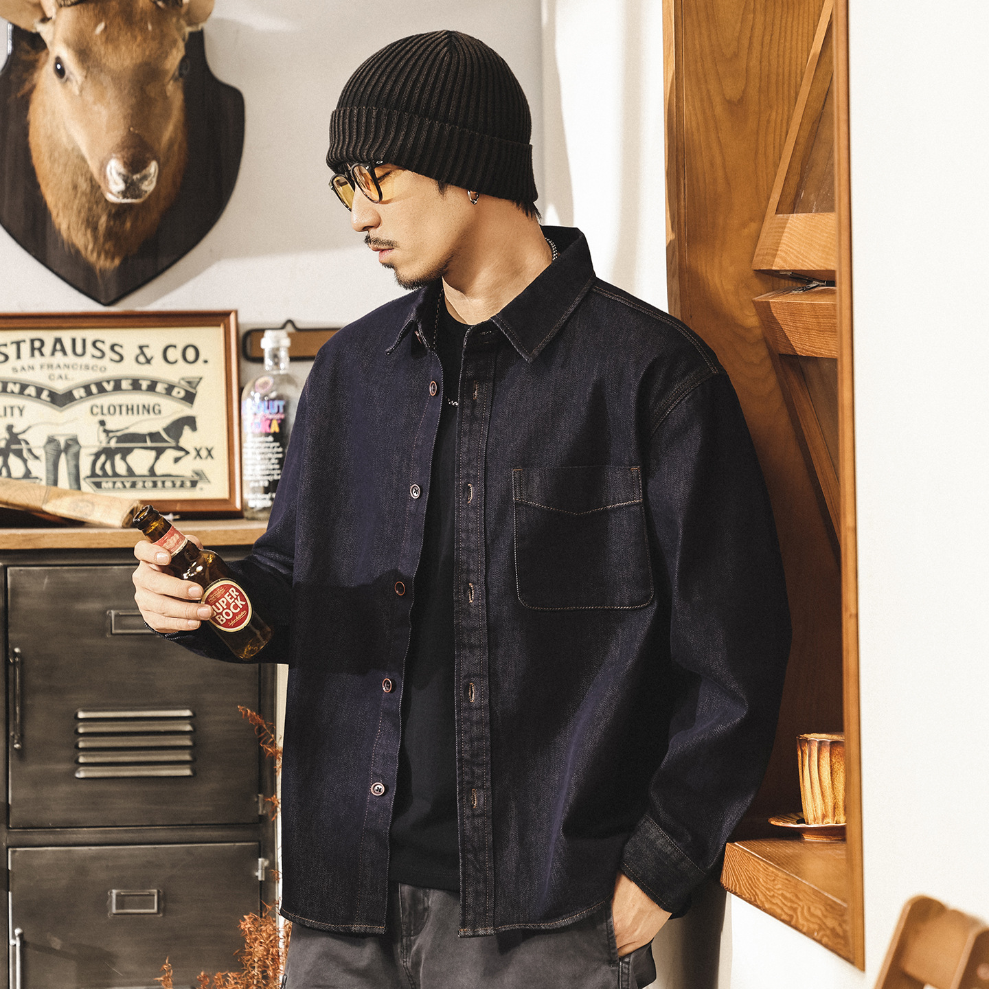 美式復古丹寧水洗牛仔襯衫男春秋2025新款潮流線寬鬆休閒襯衣外套