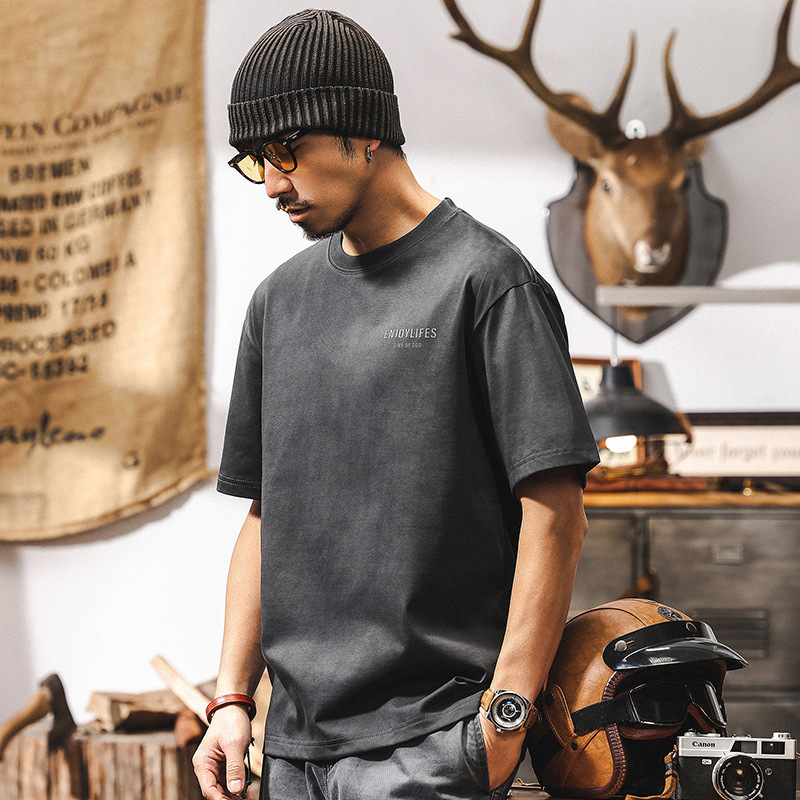 雲染洗褪涼感T恤男夏季2025新款短袖潮流寬鬆美式復古休閒上衣男T