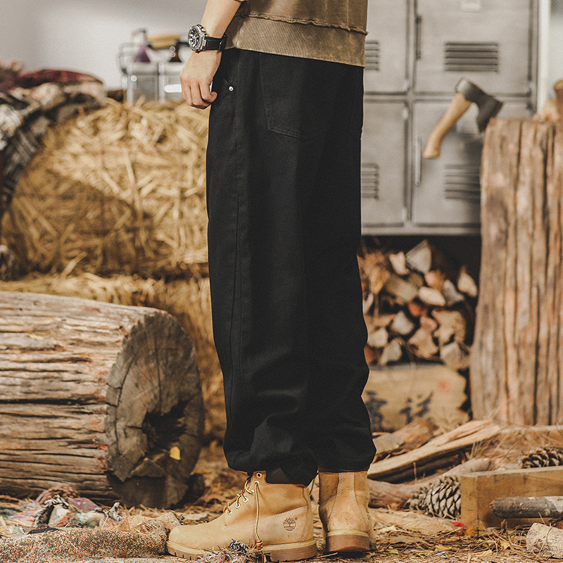 美式復古潮牌加絨黑色牛仔褲男秋冬款2024新款寬鬆直筒痞帥休閒褲