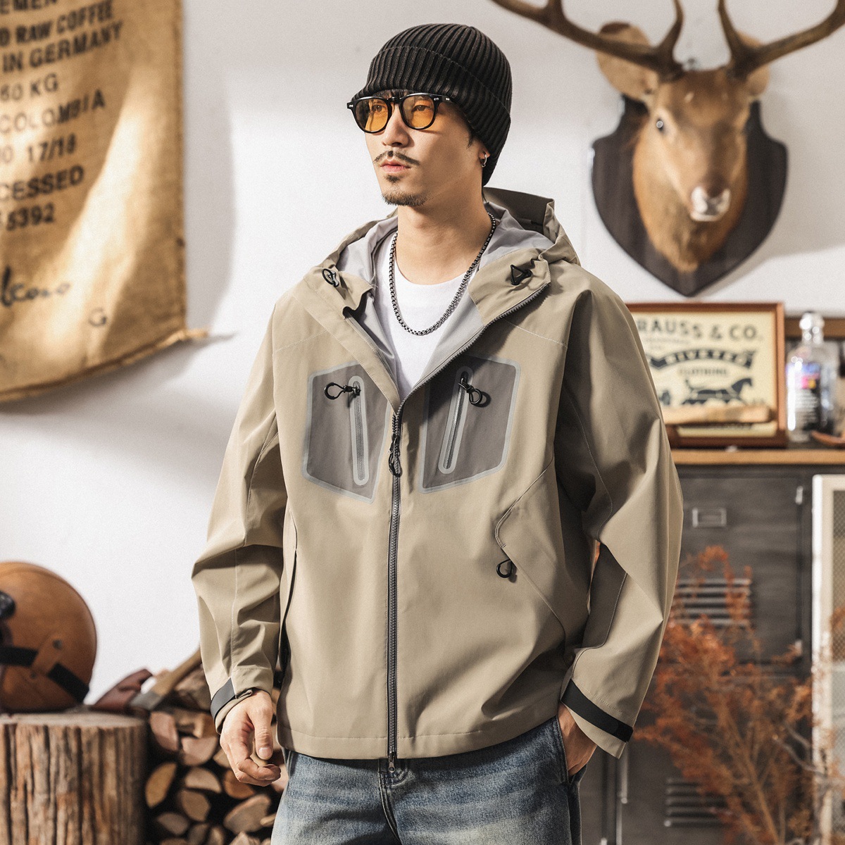 美式復古山系戶外壓膠防水衝鋒衣外套男春秋新款徒步登山工裝夾克