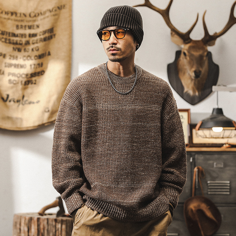 美式復古重磅毛衣男冬季加厚潮牌線衫男日系慵懶風寬鬆休閒針織衫