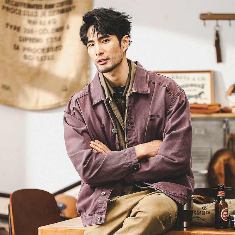 傑雷諾美式重磅複古紫色工裝夾克男秋季潮牌寬松休閑男士外套春秋