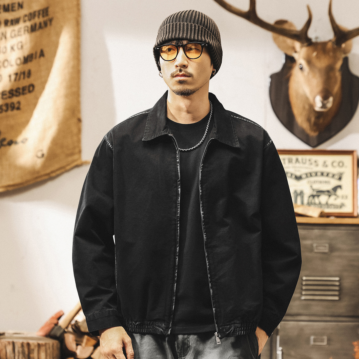 美式復古工裝教練夾克男寬鬆秋季新款塗染明線潮牌帥氣春秋外套男