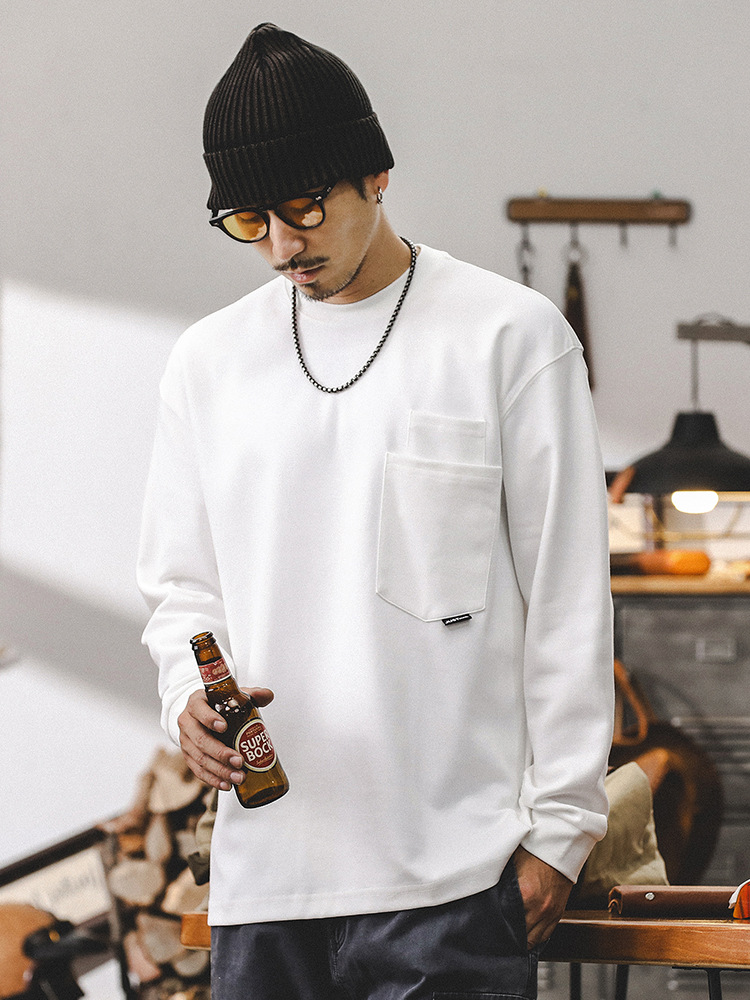 美式重磅長袖T恤男秋季潮牌雙口袋設計體恤男款百搭寬松白色上衣T