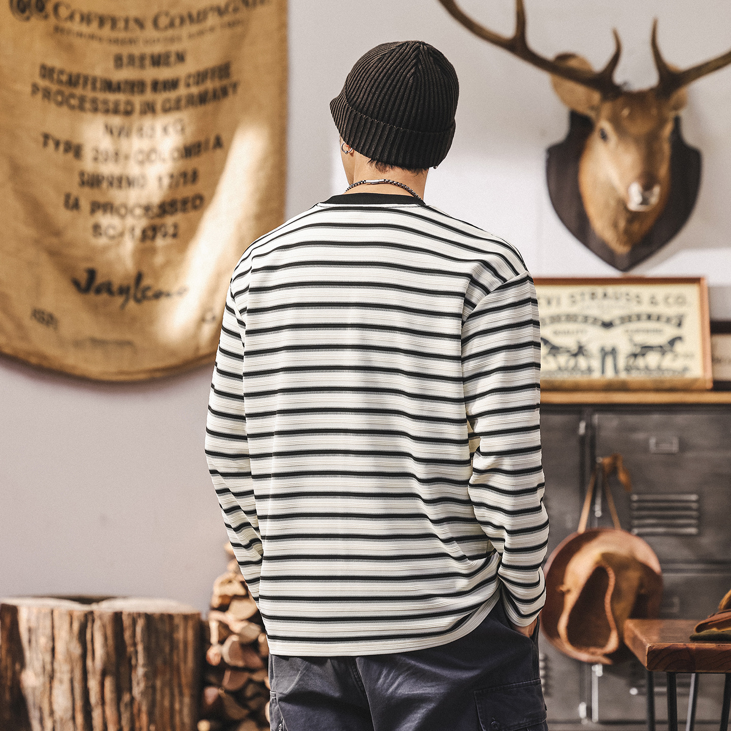 美式復古280g重磅長袖t恤男秋季新款寬鬆潮牌條紋海魂衫男裝上衣