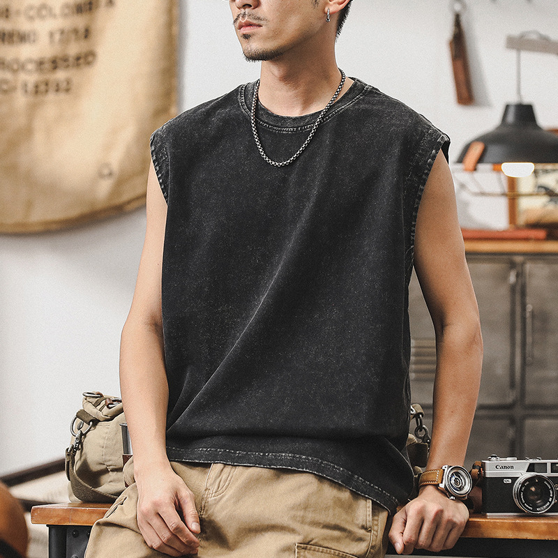 美式做舊水洗背心男款潮流夏季運動無袖男T恤健身寬鬆坎肩上衣潮