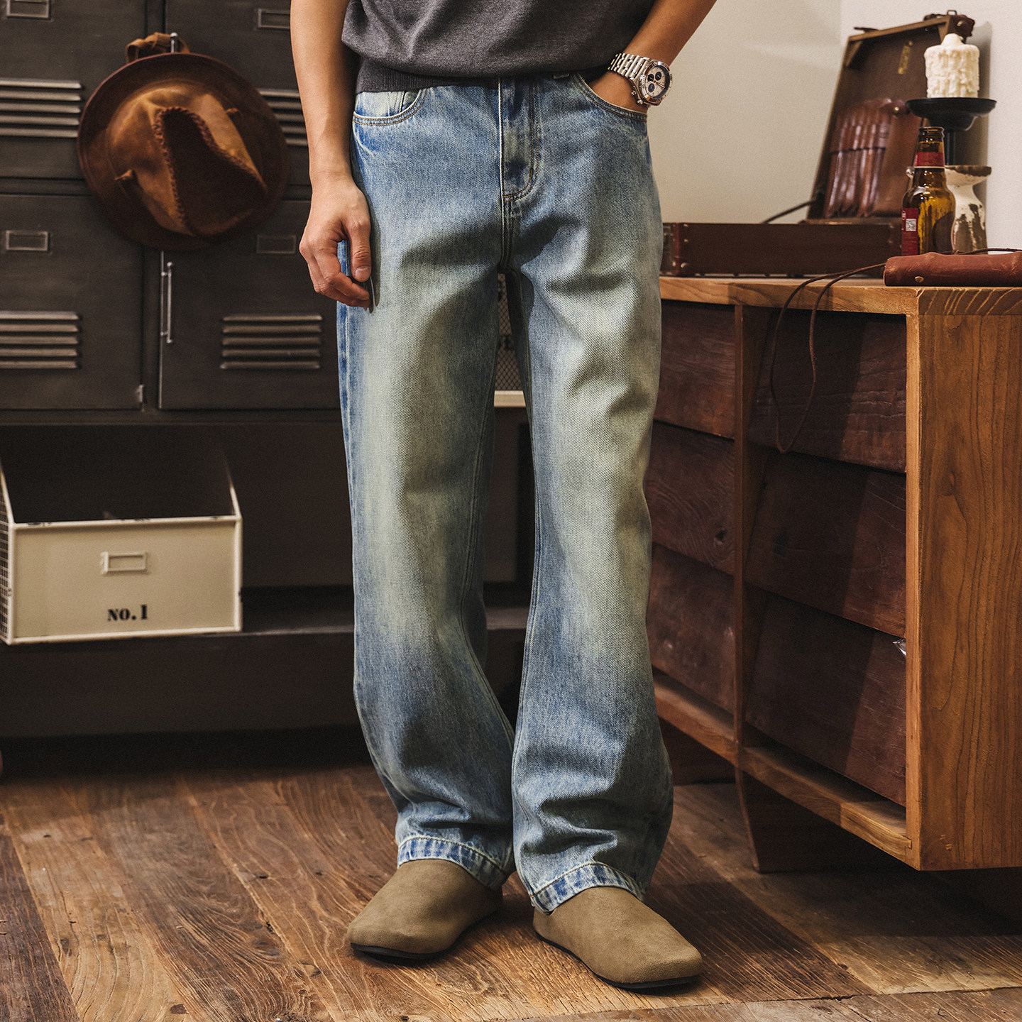 美式復古天空藍水洗牛仔褲男款直筒春季2026新款寬鬆男士休閒褲子