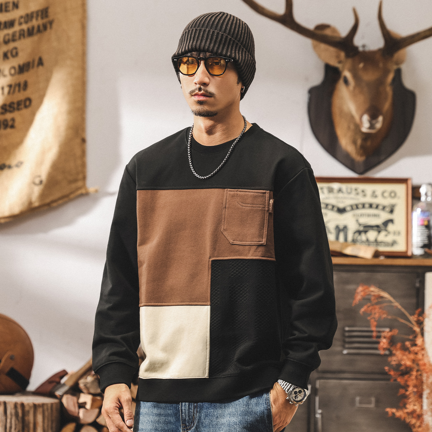 美式復古撞色拼接衛衣男春秋2025新款重磅圓領寬鬆休閒上衣男秋冬