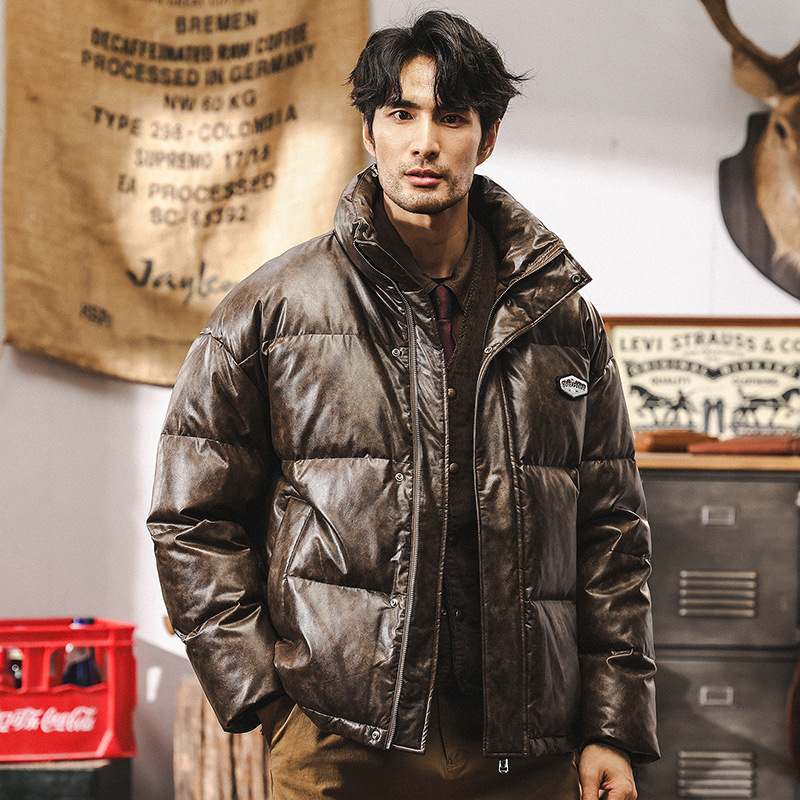 新國標90白鴨絨PU皮羽絨服男冬季加厚美式潮牌面包服男款皮衣外套
