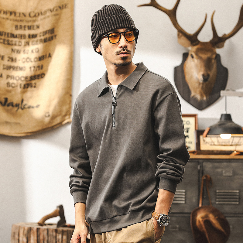 美式復古350g重磅衛衣男秋冬季保暖衣服潮牌寬鬆帥氣半拉鏈POLO衫