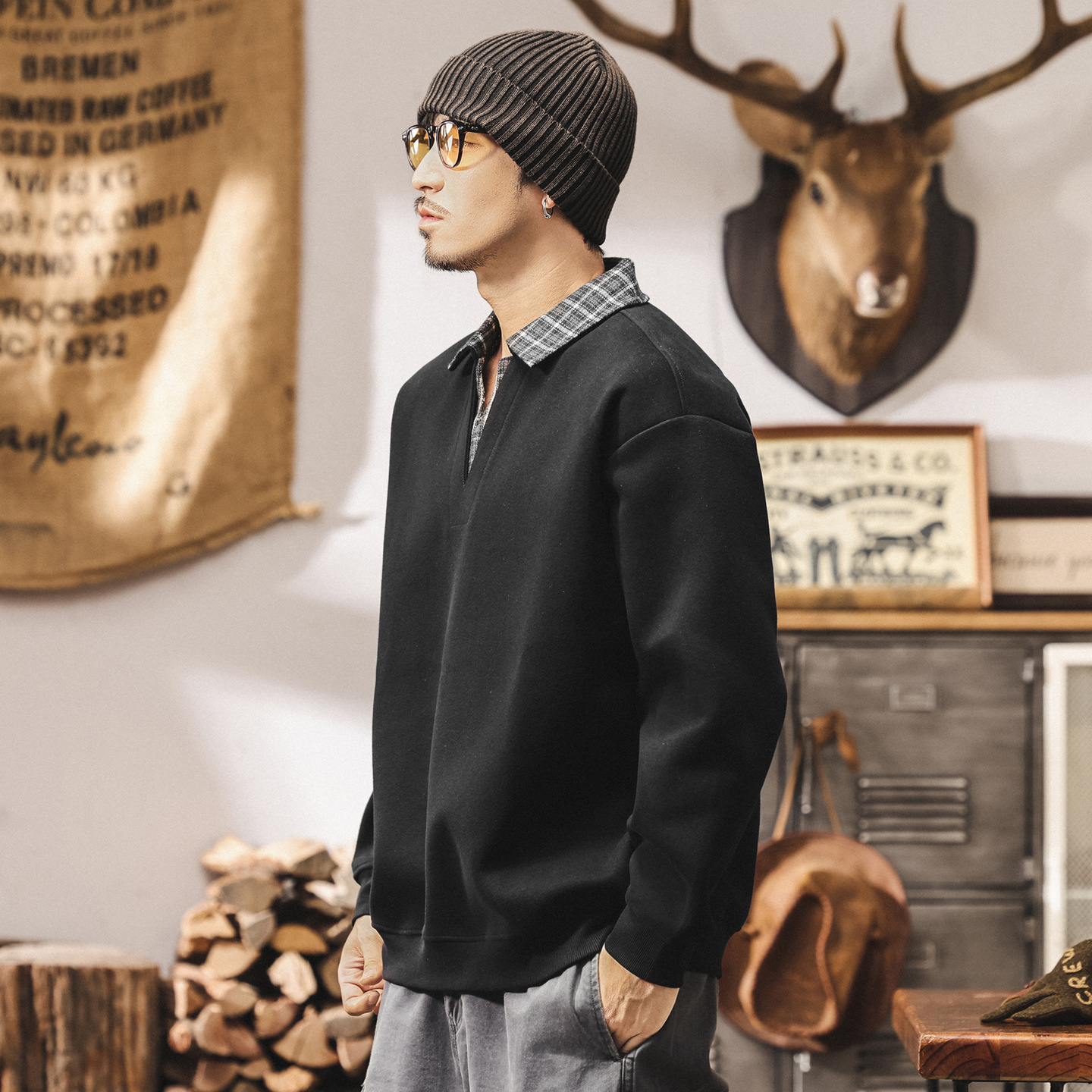 美式復古假兩件衛衣男春秋2025新款寬鬆大碼重磅男士休閒上衣秋季