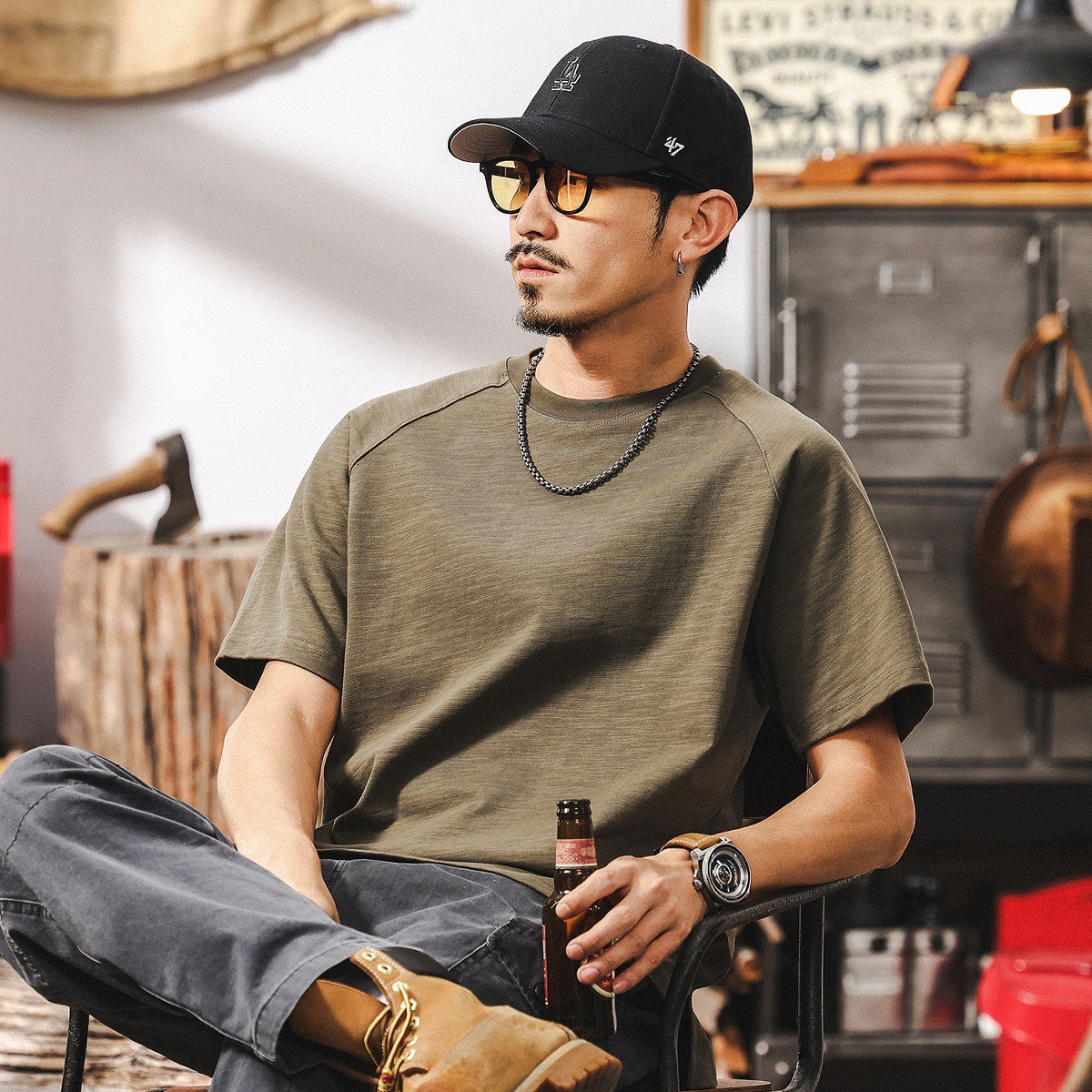 美式復古21支高密竹節T恤男夏季短袖潮牌寬鬆男士插肩袖上衣