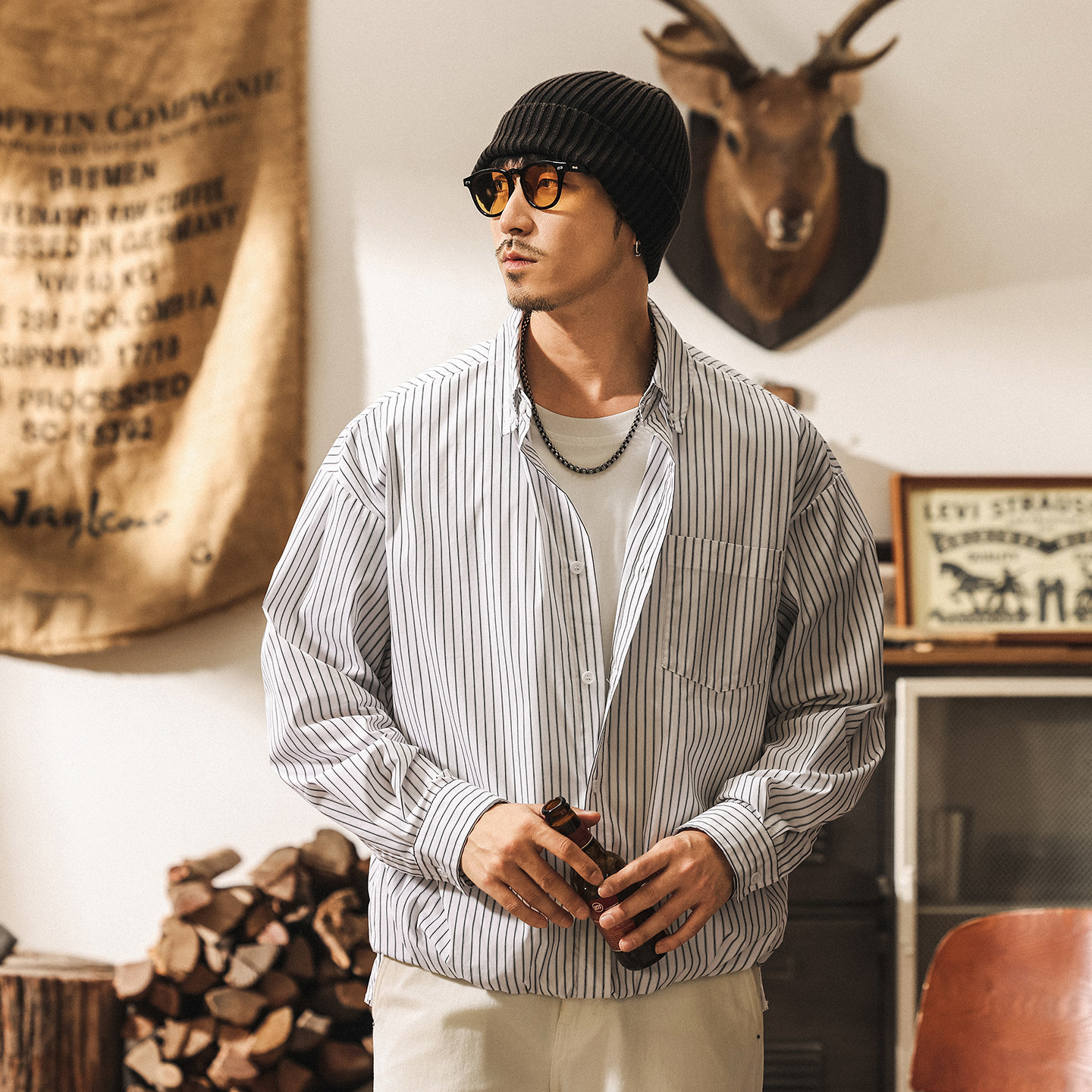 美式復古經典條紋長袖襯衫外套男春季新款高級感假兩件休閒夾克男