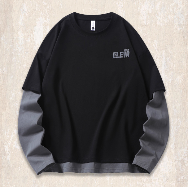 美式復古假兩件長袖t恤男春秋2025新款寬鬆大碼潮牌拼接秋季上衣T