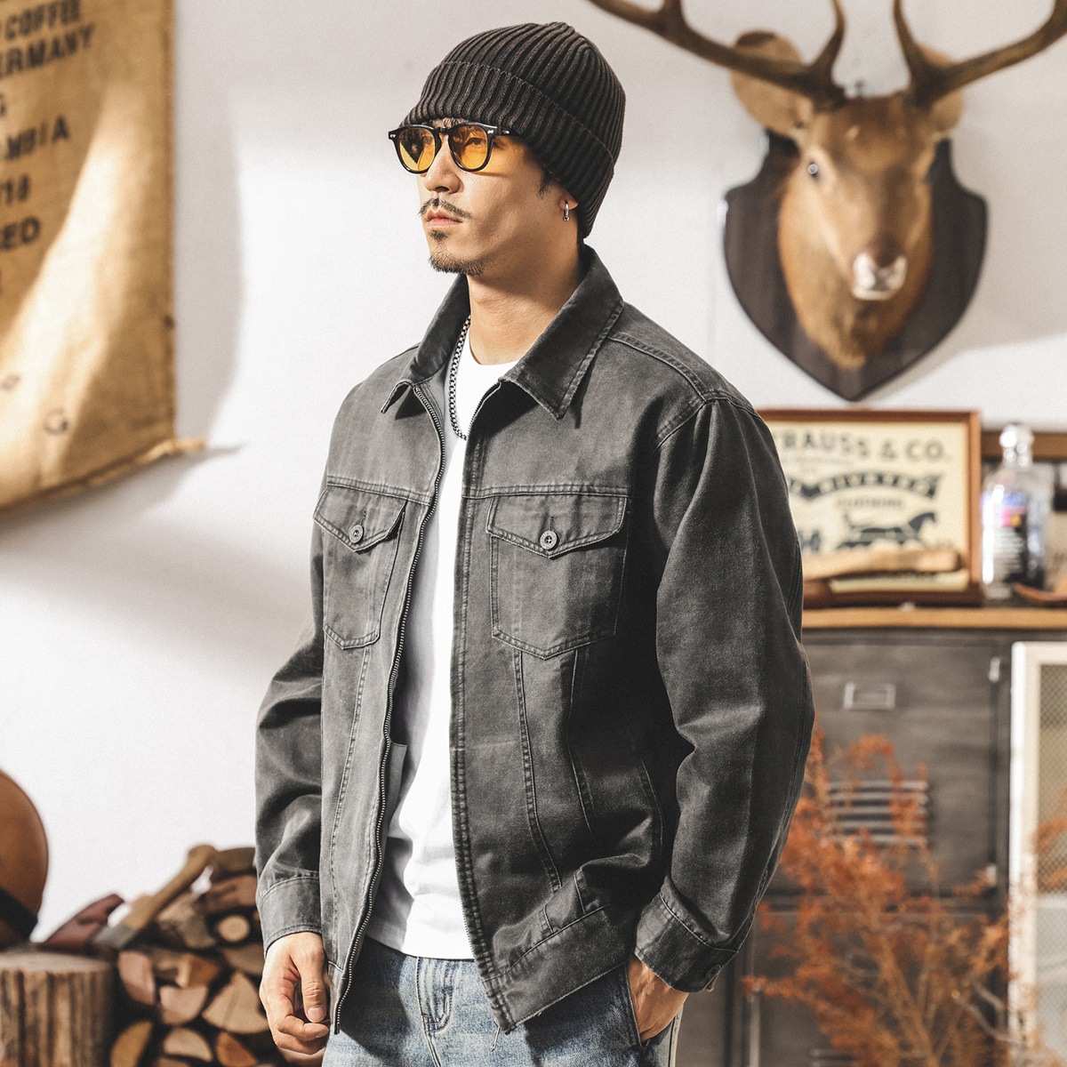 美拉德復古工裝南方夾克男春秋款油蠟仿皮感痞帥秋季美式機車外套