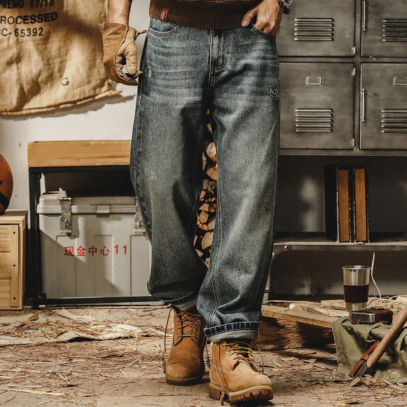 美式經典復古牛仔褲男秋冬款寬鬆直筒大碼潮流重磅石磨水洗闊腿褲