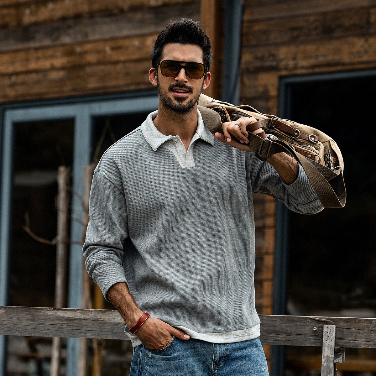 美式重磅復古polo衫男長袖春秋新款潮牌寬鬆華夫格假兩件上衣男款